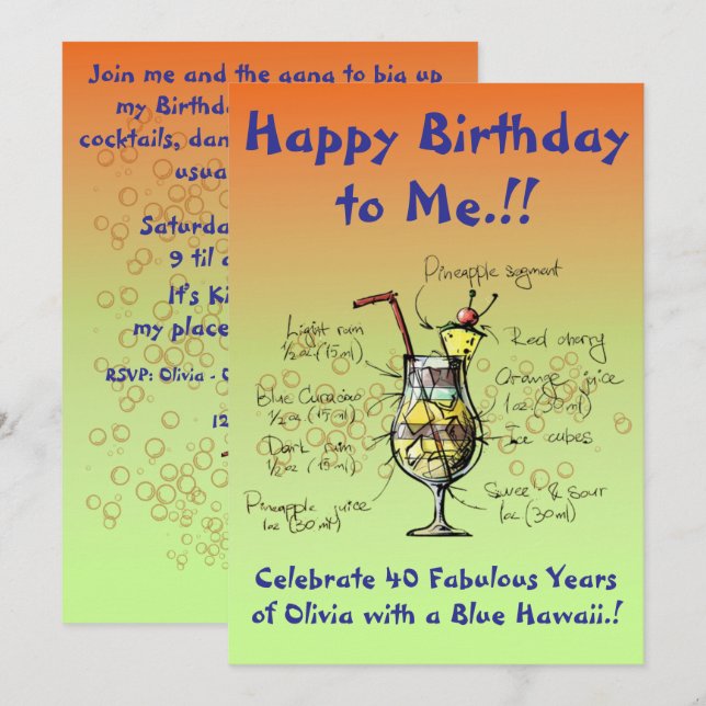 Min Blue Hawaii Födelsedagsfest inbjudan (Fram/baksida)