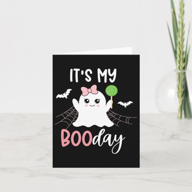 Min Boo Day Cute Halloween Birthday Ghost-Rosa Kort (Framsida)
