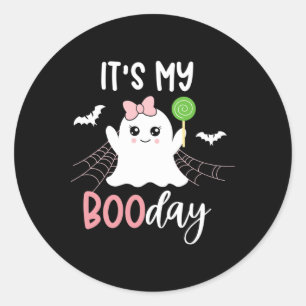 Min Boo Day Cute Halloween Birthday Ghost-Rosa Runt Klistermärke