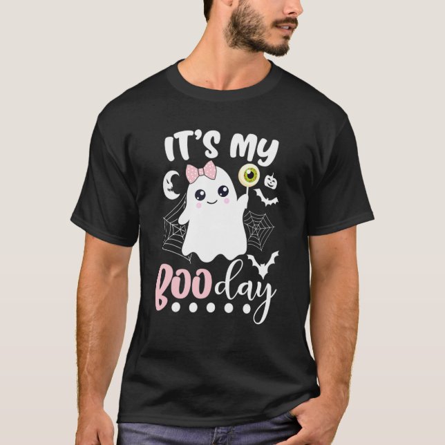 Min Boo Day Cute Halloween Birthday Ghost-Rosa T Shirt (Framsida)