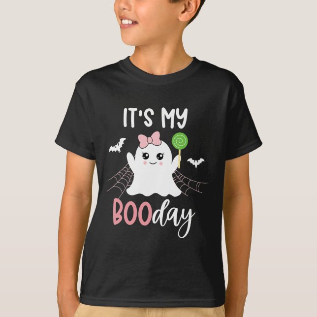 Min Boo Day Cute Halloween Birthday Ghost-Rosa T Shirt (Framsida)