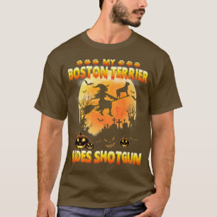 Min Boston Terrier Rides Shot Witch Fly Broom Hall T Shirt