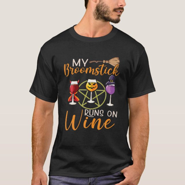 Min Broomstick Springa på Vin Glass Witch Hallowee T Shirt (Framsida)