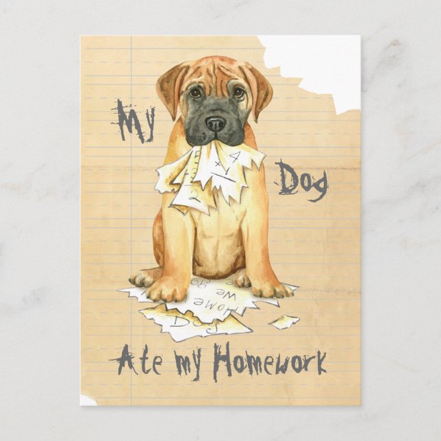 Min bullmastiff Ate Min hemläxa Vykort (Framsida)