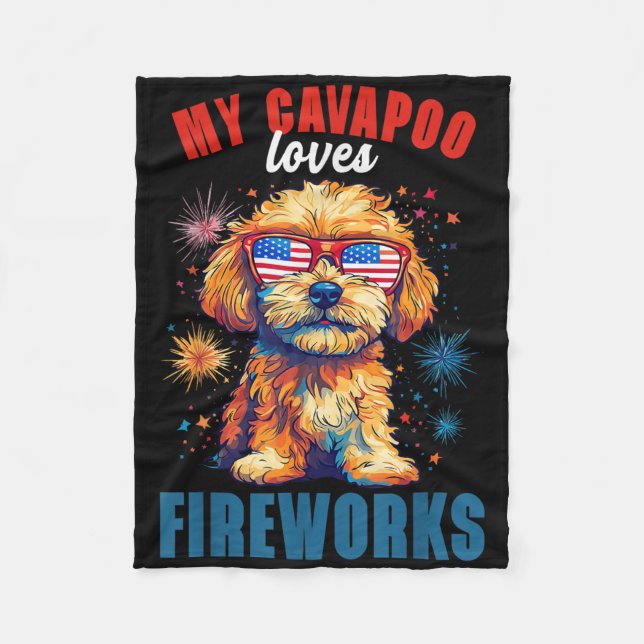Min Cavapoo Kärlek Fireworks 4 juli Patriotic D Fleecefilt (Framsidan)