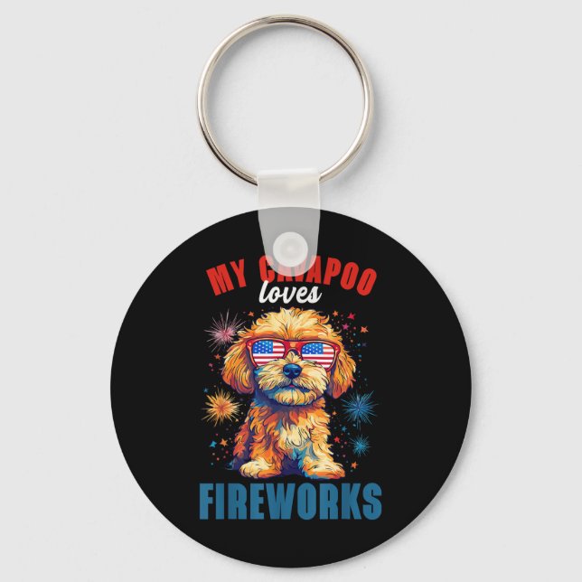 Min Cavapoo Kärlek Fireworks 4 juli Patriotic D Nyckelring (Framsida)
