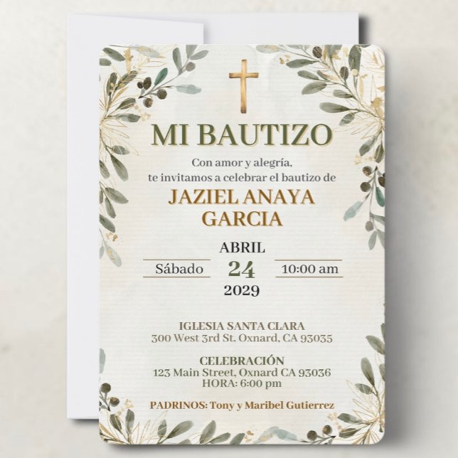 Min Dop Invitation För Pojke eller Flicka Inbjudningar ( Mi Bautizo invitation for boy or girl with neutral botanical design and Catholic baptism details)