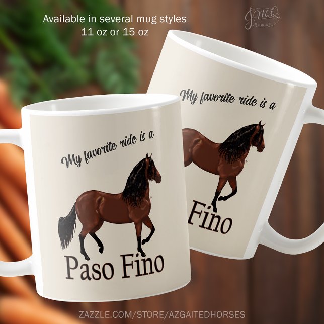 Min favoritride är en Paso Fino Horse Equestrian Kaffemugg (Beige ceramic mug with illustration of a Paso Fino horse and text “My favorite ride is a Paso Fino")