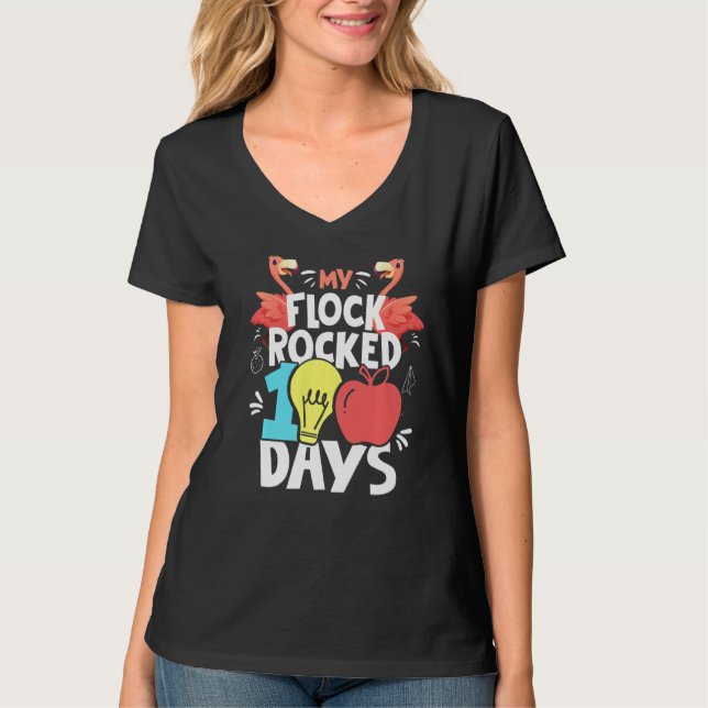 Min Flock Rocked 100 dagar Flamingo Teacher School T Shirt (Framsida)