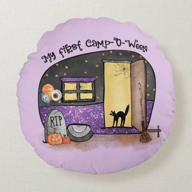Min första Camp-O-Ween | Halloween Camping Rund Kudde (Framsidan)