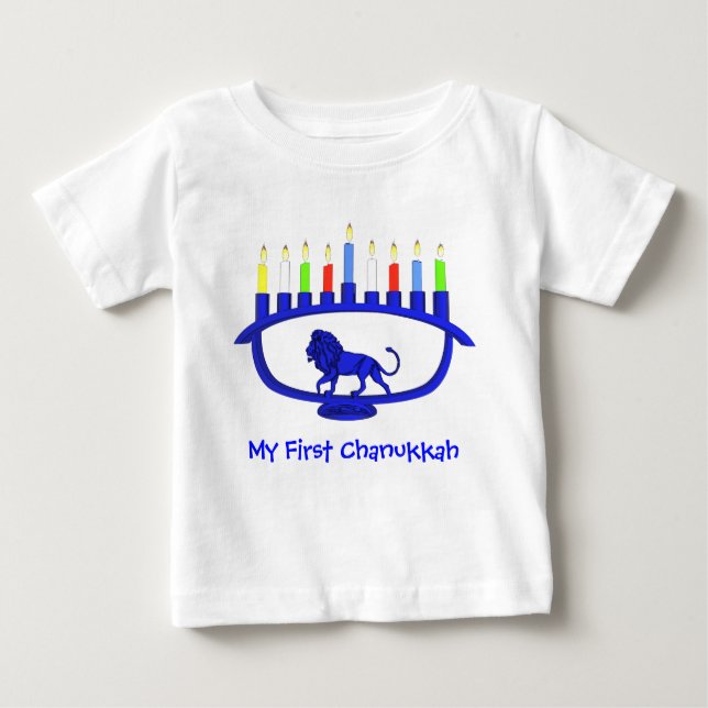 Min första Chanukkah Blue Lejon Menorah Tee Shirt (Framsida)