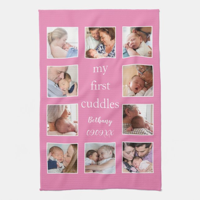 Min första Cuddles 10 Photo Namn Newborn Rosa Kökshandduk (Vertikal)