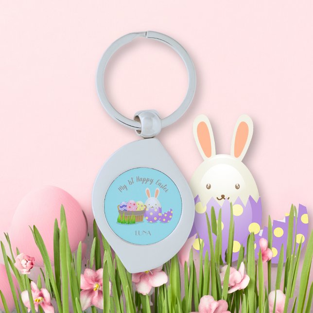 Min första Glad påsk Swirl Silverfärgad Nyckelring (My 1st Happy Easter Keychain)