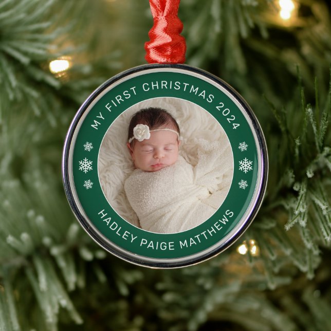 Min första Grönt i jul, Personligen Baby Photo Julgransprydnad Metall (Träd)