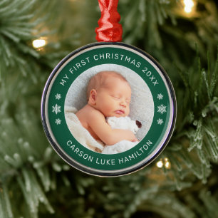 Min första Grönt i jul, Personligen Baby Photo Julgransprydnad Metall