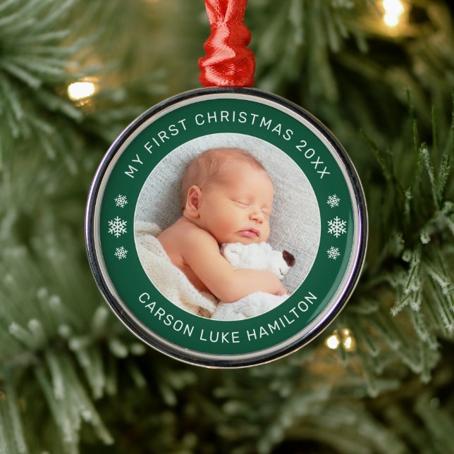 Min första Grönt i jul, Personligen Baby Photo Julgransprydnad Metall (Träd)