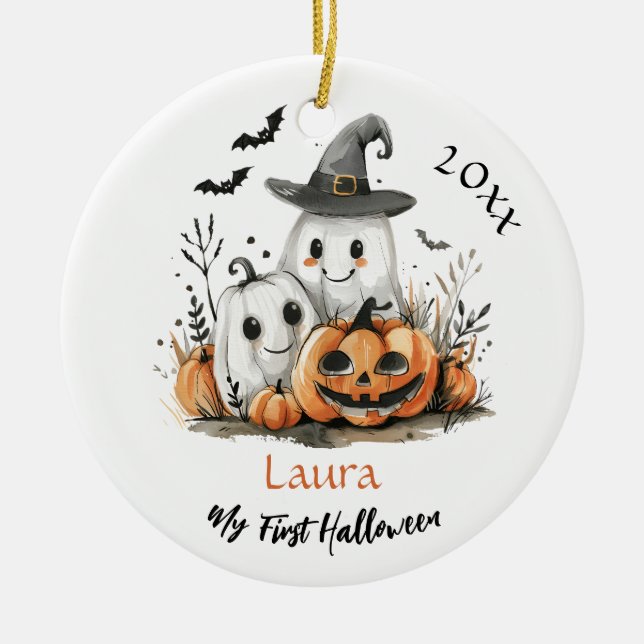 Min första Halloween Cute Ghost Pumpkin Baby Namn Julgransprydnad Keramik (Framsidan)