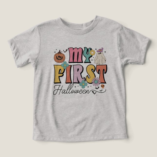 Min första Halloween Cute Pumpkin Ghost Groovy T Shirt (Design Framsida)