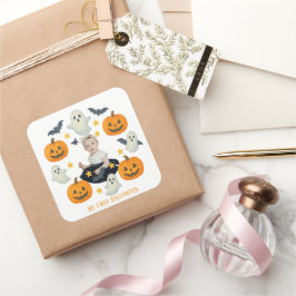 Min första Halloween | Cute Pumpkin och Ghost Wand Fyrkantigt Klistermärke