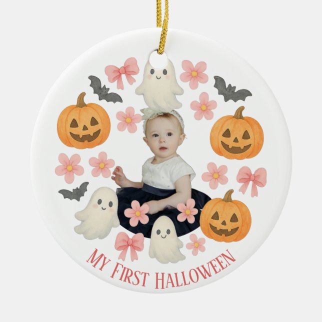 Min första Halloween | Cute Pumpkin och Ghost Wand Julgransprydnad Keramik (Framsidan)