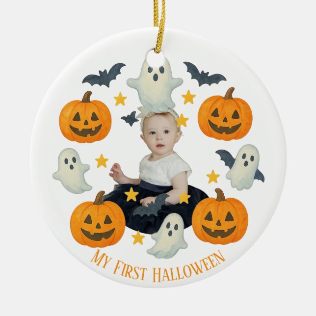 Min första Halloween | Cute Pumpkin och Ghost Wand Julgransprydnad Keramik (Framsidan)