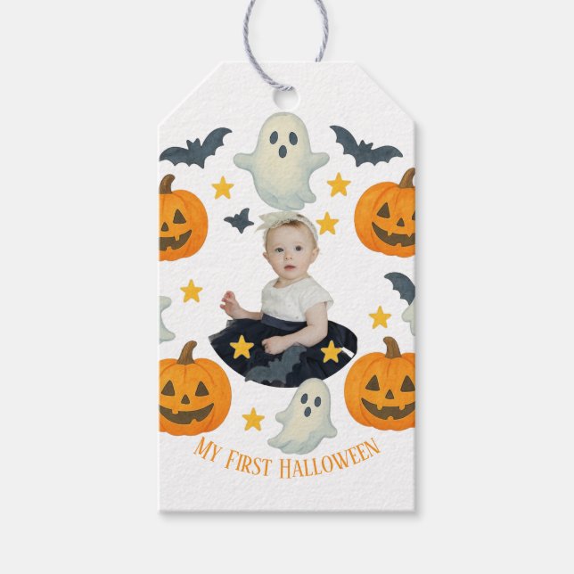 Min första Halloween | Cute Pumpkin och Ghost Wand Presentetikett (Framsidan)