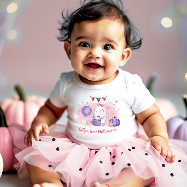 Min första Halloween Namn Rosa Babyflicka Kroppsov T Shirt (My first Halloween baby girl bodysuit)