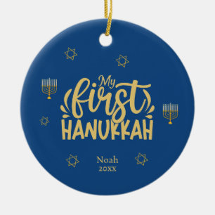 Min första Hanukkah Blue, Star, Menorah Julgransprydnad Keramik