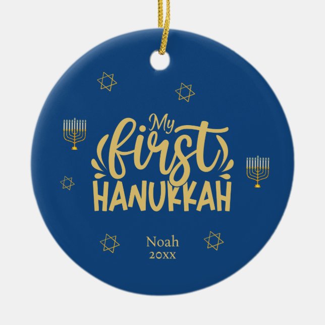 Min första Hanukkah Blue, Star, Menorah Julgransprydnad Keramik (Framsidan)