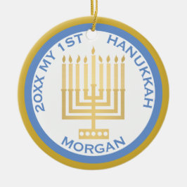 Min första Hanukkah Photo Blue Guld Personlig Julgransprydnad Keramik