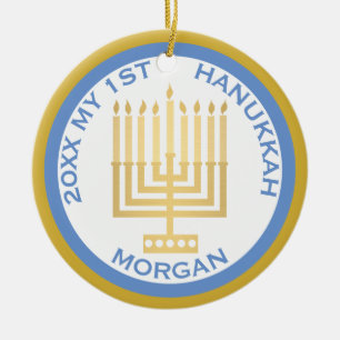 Min första Hanukkah Photo Blue Guld Personlig Julgransprydnad Keramik
