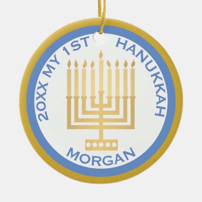 Min första Hanukkah Photo Blue Guld Personlig Julgransprydnad Keramik (Framsidan)