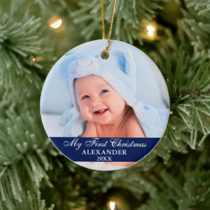 Min första jul baby foto blå julgransprydnad keramik
