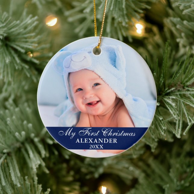 Min första jul baby foto blå julgransprydnad keramik (Träd)