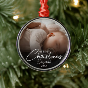 Min första jul baby foto Elegant handskrift Julgransprydnad Metall