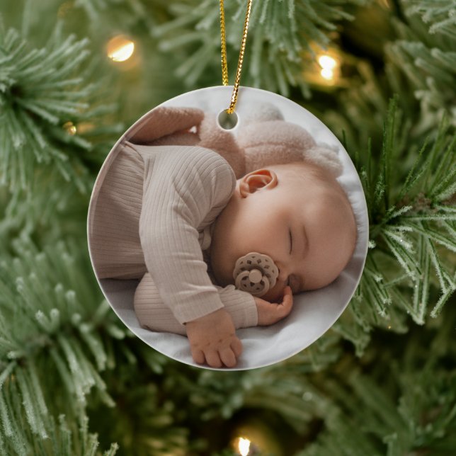 Min första jul baby foto Elegant Script Julgransprydnad Keramik (Träd)