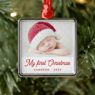 Min första jul baby foto namn år julgransprydnad metall