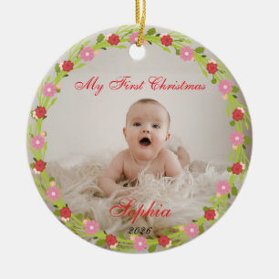 Min första jul baby foto rosa blommor julgransprydnad keramik