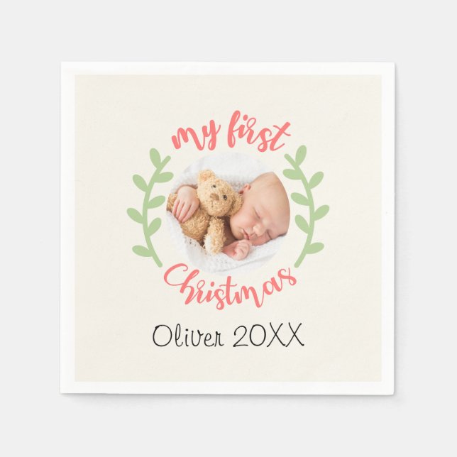 Min första jul Baby Namn PHOTO-andekrans Helgdag Pappersservett (Framsidan)