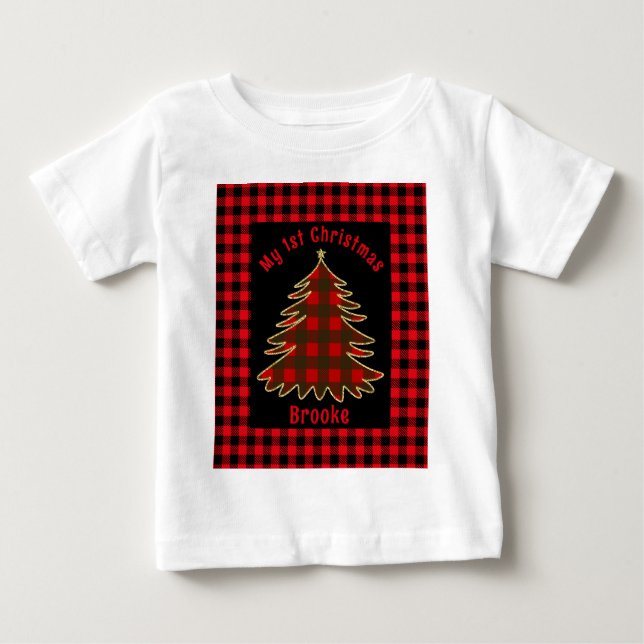 Min första jul baby Namn-röda palaid julafton träd T Shirt (Framsida)