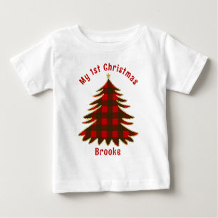 Min första jul baby Namn-röda palaid julafton träd T Shirt