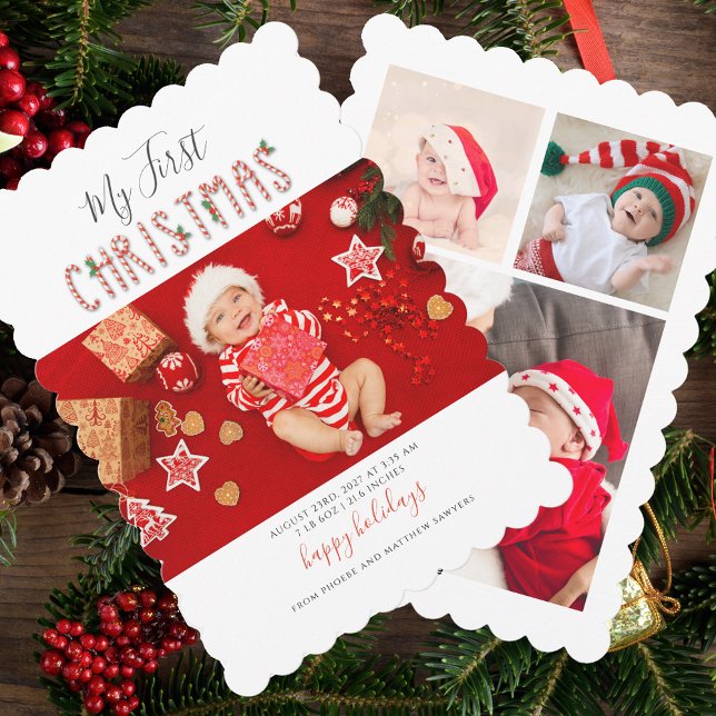 Min första jul Baby Photo Collage Helgdag Julkort (First Christmas Baby Photo Collage Holiday Greetings Scallop Card)
