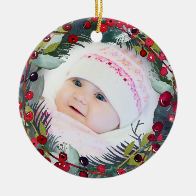 Min första jul, Baby Photo Holly-andekrans Julgransprydnad Keramik (Framsidan)
