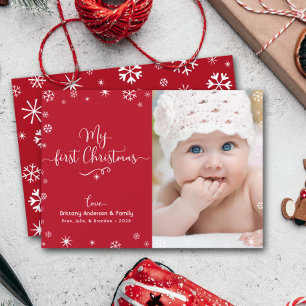 Min första jul, Baby Photo Snöflingor Chic Red Julkort