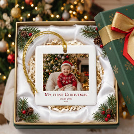 Min första jul babyfoto Vit och Röd Julgransprydnad Keramik