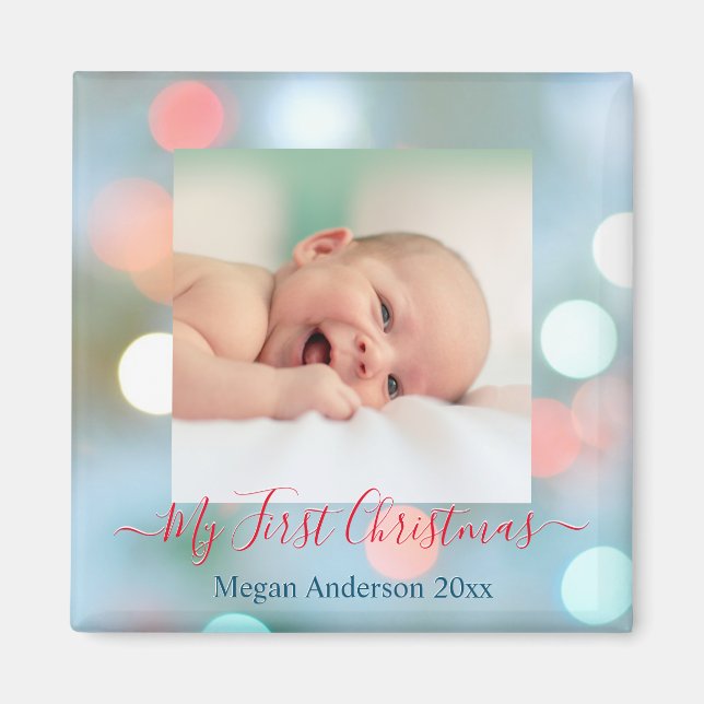 Min första jul, DIY Namn, datum Fotopatext, rött/b Magnet (Framsidan)