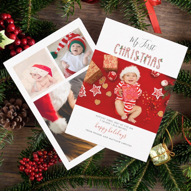 Min första jul-fotfoto i Baby Anteckningskort (Baby First Christmas Photo Collage Announcement Card)