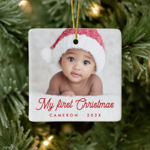 Min första jul hela bebisfoto namn år julgransprydnad keramik
