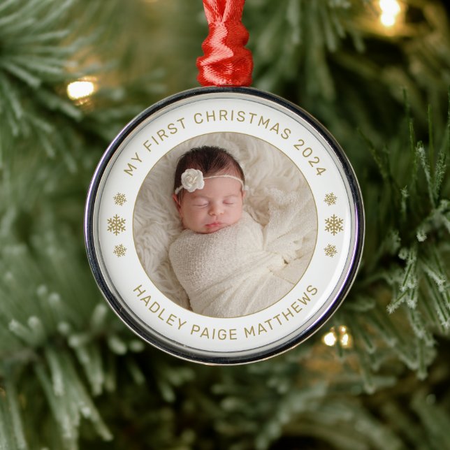 Min första jul i Personligen Guld, Baby Foto Julgransprydnad Metall (Träd)