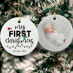 Min första jul med fotot från namn julgransprydnad keramik<br><div class="desc">Den vackra första julprydnaden som dekoreras med en röd julhatt,  löv och färgstark ljus. Enkelt anpassade med baby namn och innevarande år och ett av dina favoritbilder på motsatt sida.</div>
